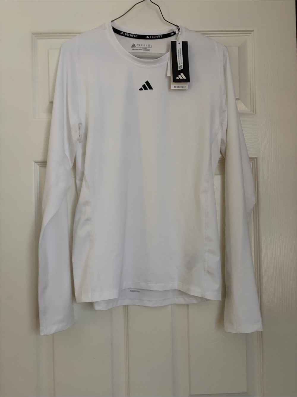 Men’s Adidas White Techfit Long Sleeve Top with Black Trim